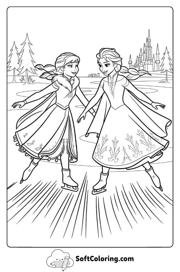Frozen Anna and Elsa Skating Together on the Frozen Lake