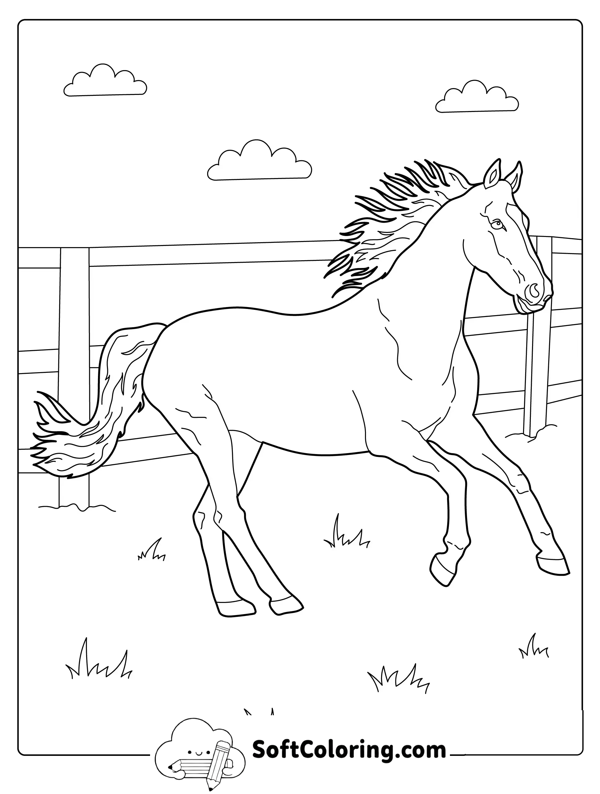 Galloping Horse in Field Coloring Page