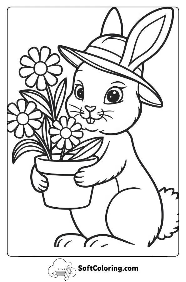 Gardener Bunny With A Pot Of Flowers