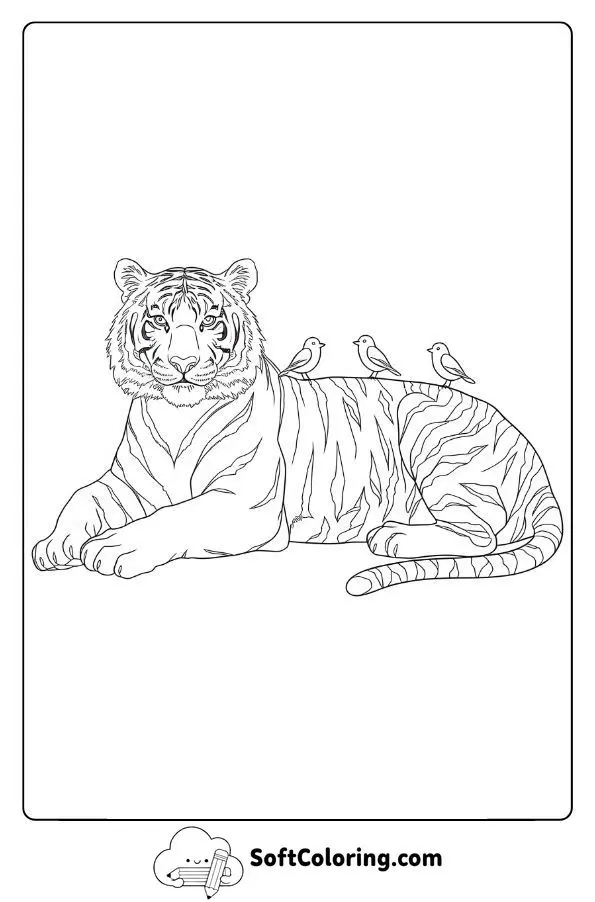 Gentle Tiger With Colorful Birds