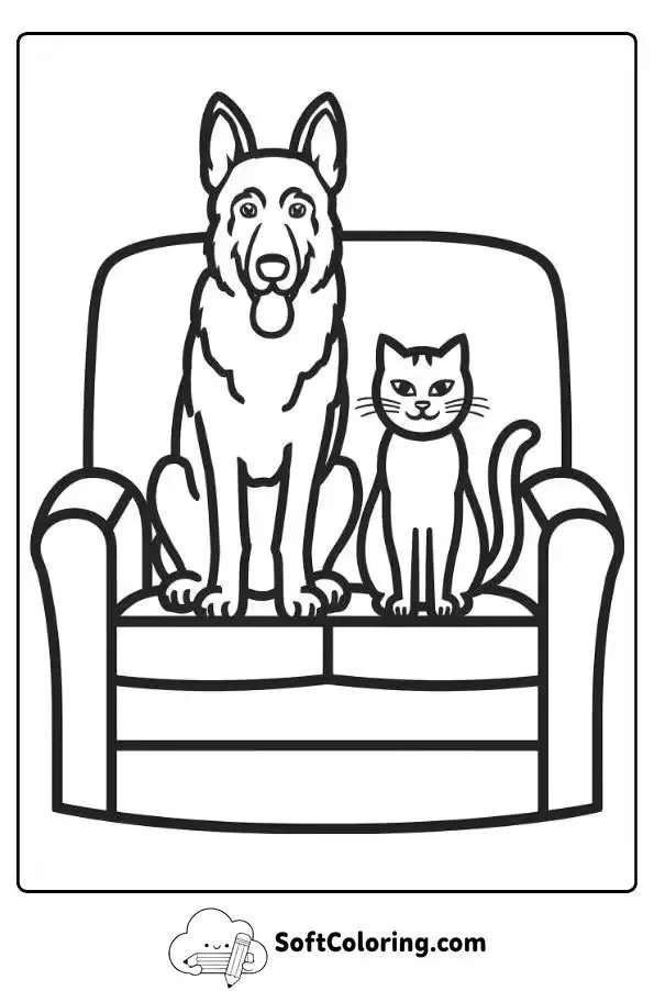 German Shepherd And Cat Sitting On A Couch