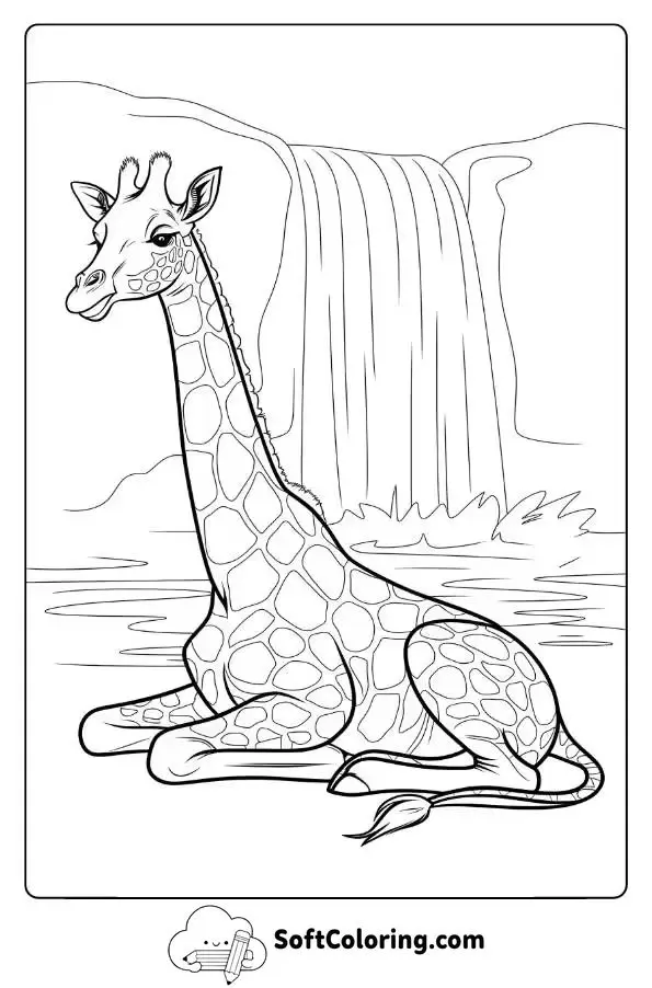 Giraffe Resting By A Waterfall