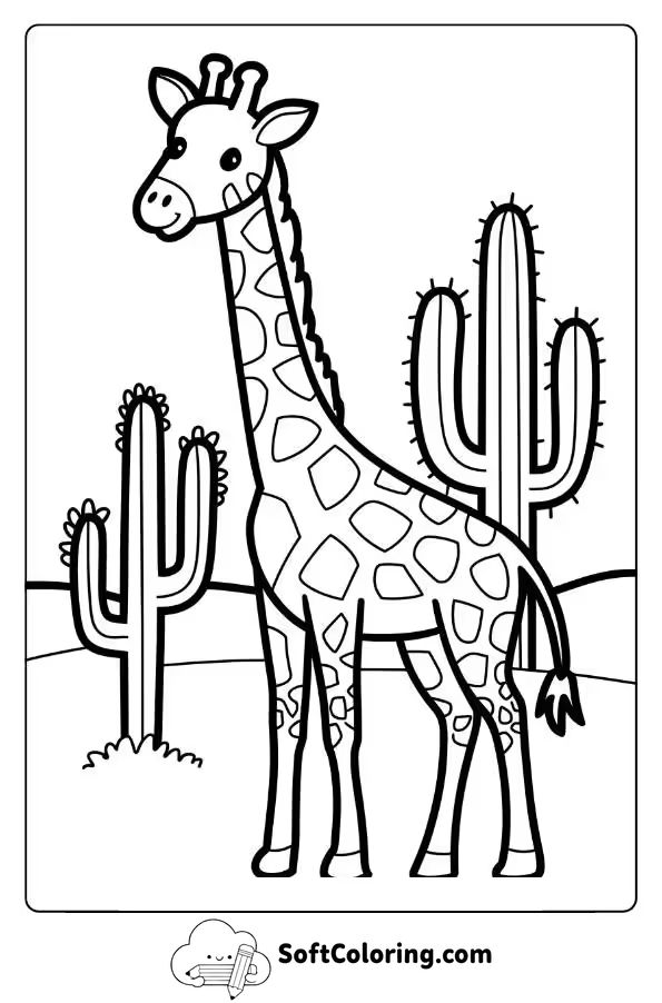 Giraffe Surrounded by Cacti in the Desert