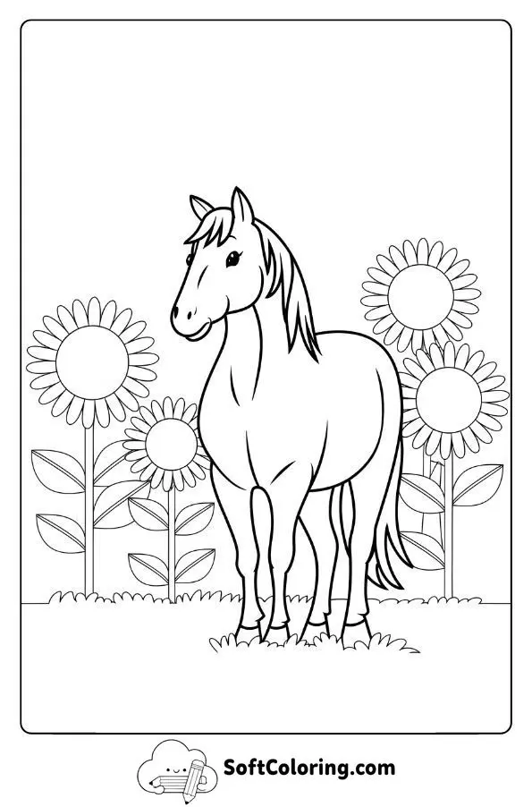 Horse Standing In A Field Of Sunflowers