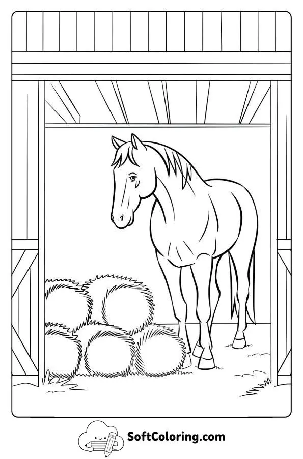 Horse In A Cozy Barn With Hay Bales