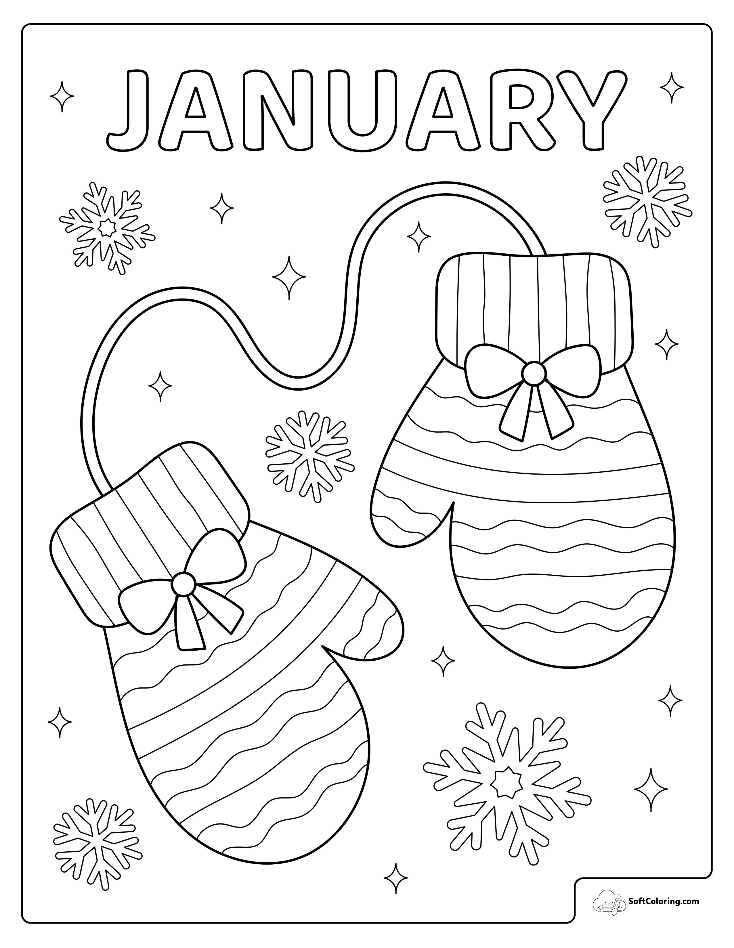 January Mittens And Snowflakes Coloring Page