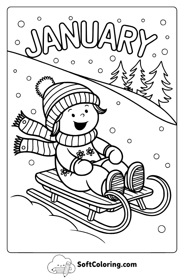 January Sledding Fun Coloring Pages