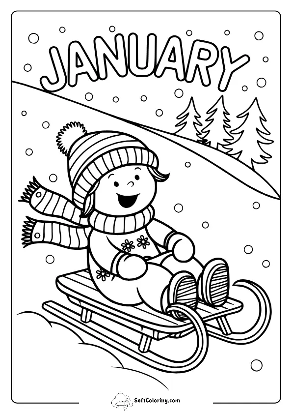 January Sledding Fun Coloring Pages