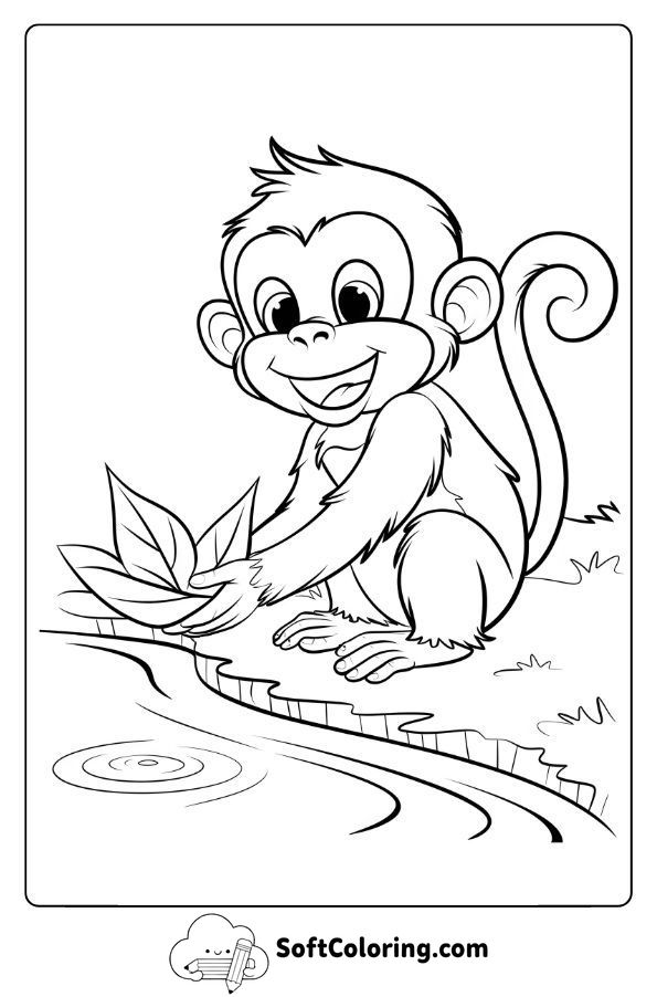 Joyful Monkey Playing with a Leaf Boat