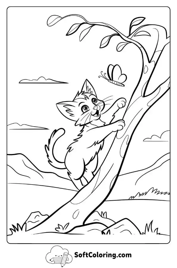Kitten Climbing A Tree To Catch A Butterfly