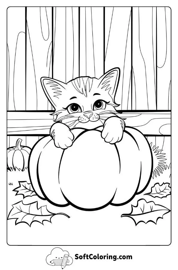 Kitten Hugging A Pumpkin In A Harvest Scene