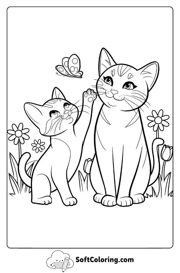 Kitten And Cat Playing In A Garden Of Flowers