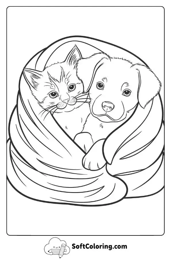 Kitten And Puppy Sharing A Cozy Blanket