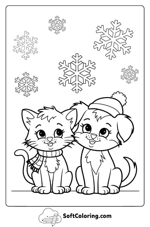Kitten and Puppy with Snowflakes Falling Around
