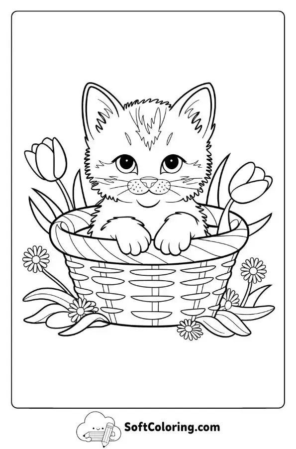 Kitten In A Basket With Fresh Spring Flowers