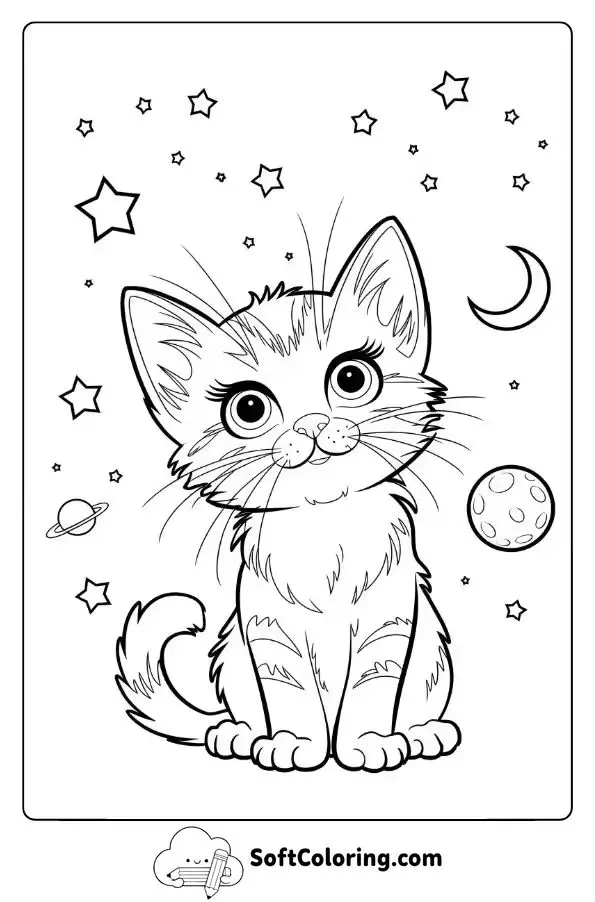 Kitten With Stars Around In A Galaxy Setting