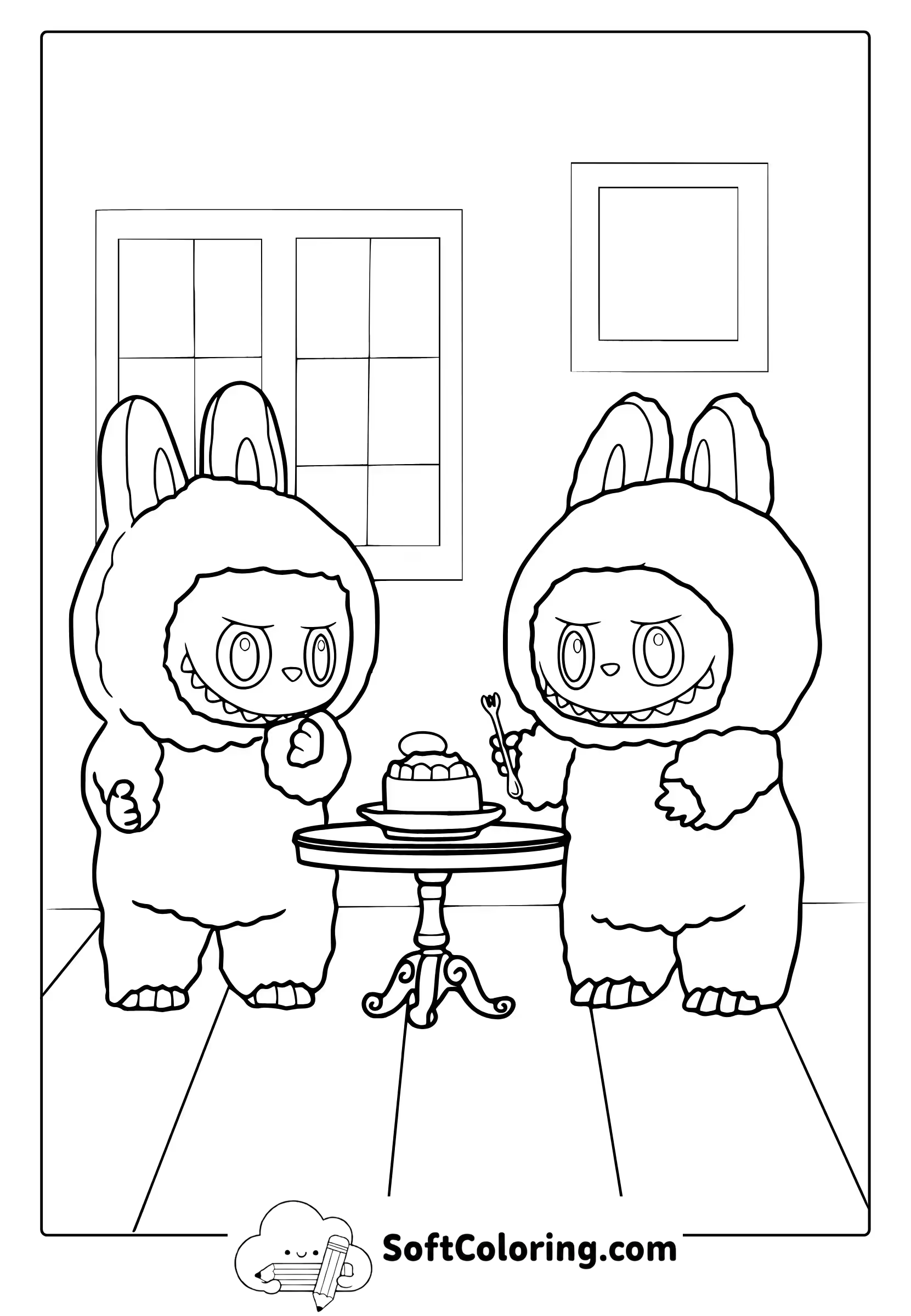 Labubu elves eating cake coloring page