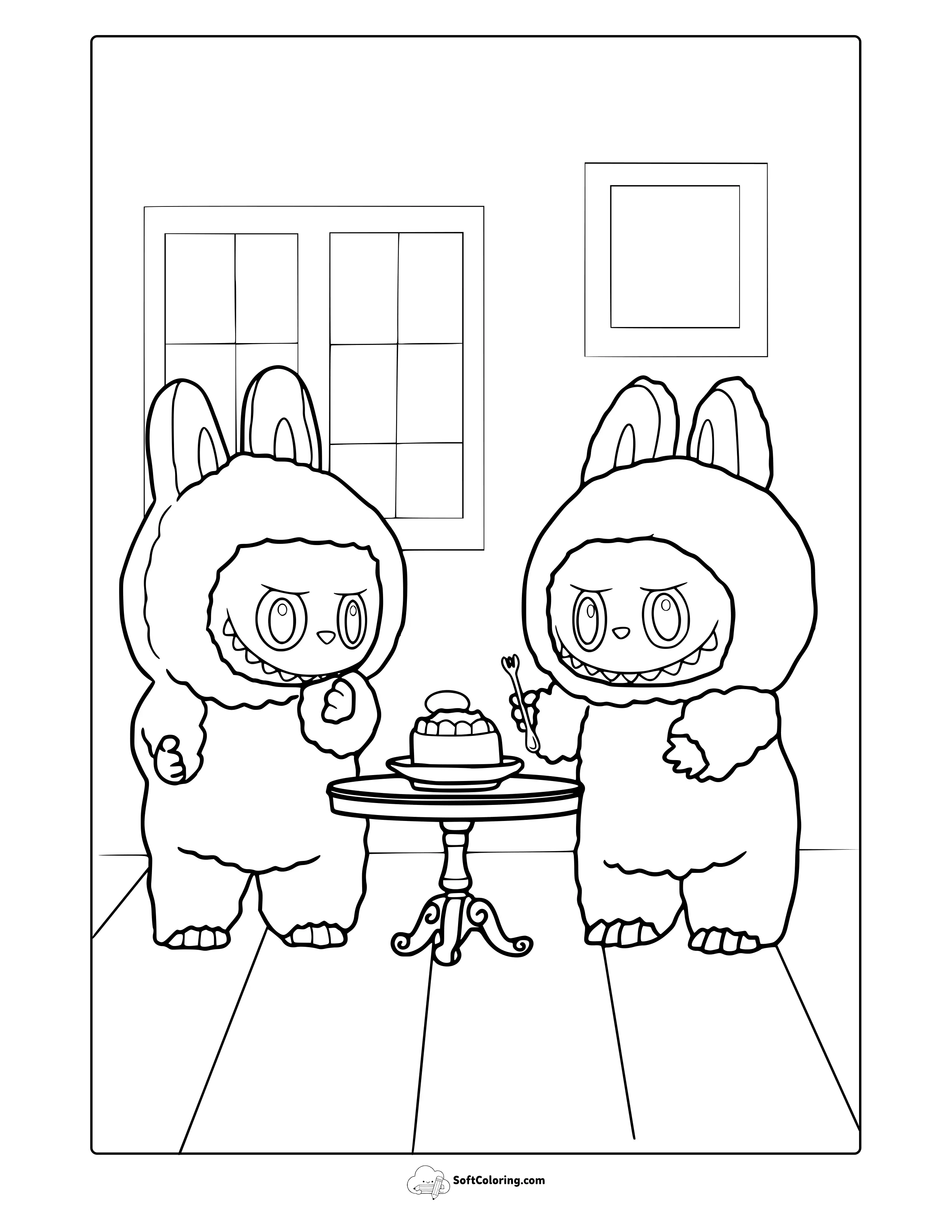 Labubu Elves Eating Cake Coloring Page