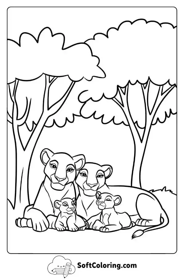 Lion Family Resting Under The Trees