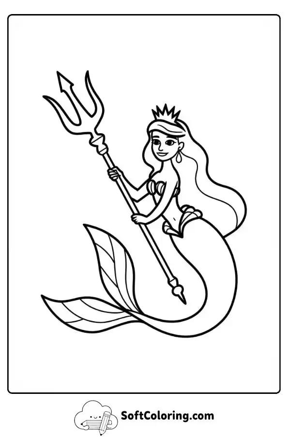 Mermaid Holding A Trident Coloring Page