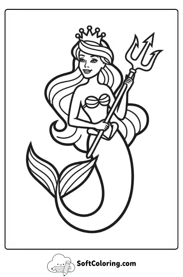 Mermaid Princess Holding a Magic Trident Coloring Page