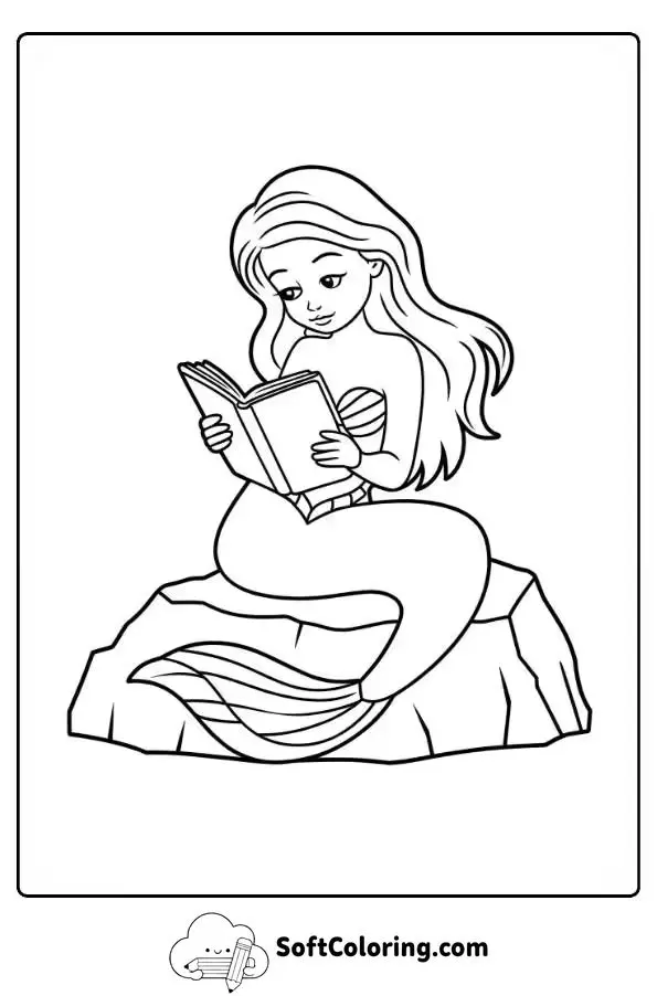 Mermaid Reading On A Rock Coloring Page