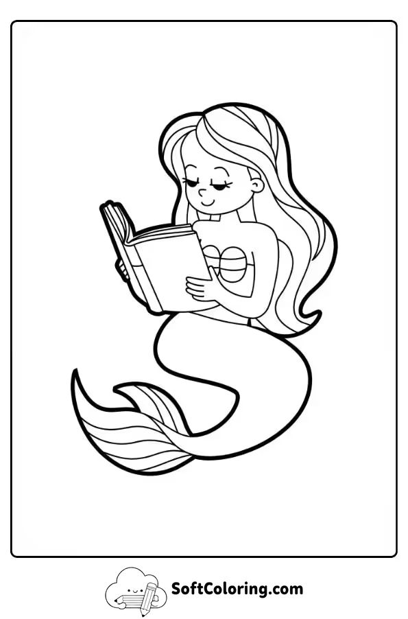 Mermaid Reading a Book Underwater Coloring Sheet