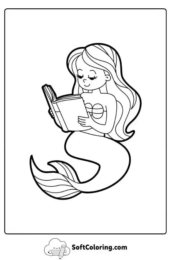 Mermaid Reading A Book Underwater Coloring Sheet