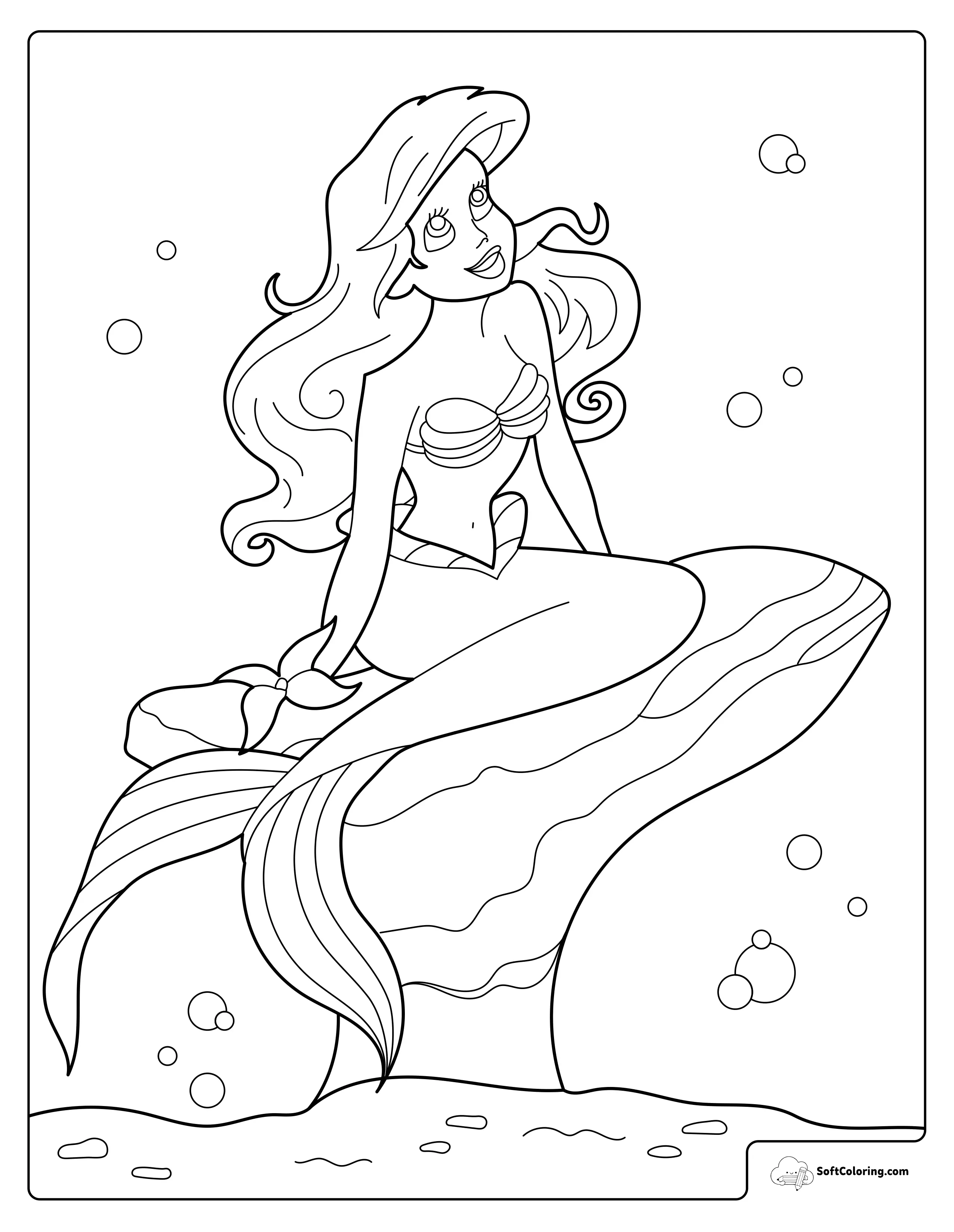 Mermaid Resting On A Sea Rock Coloring Page
