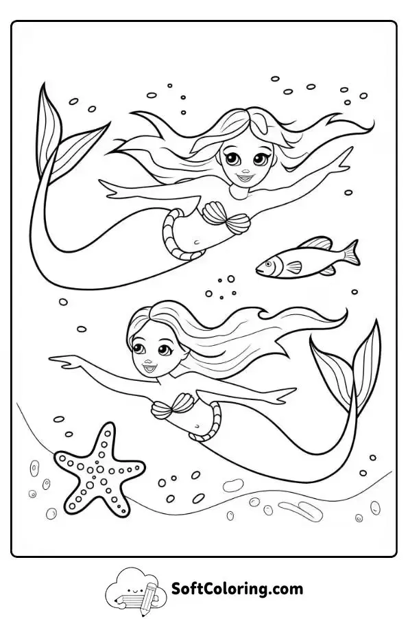Mermaid Sisters Exploring The Ocean Coloring Sheet