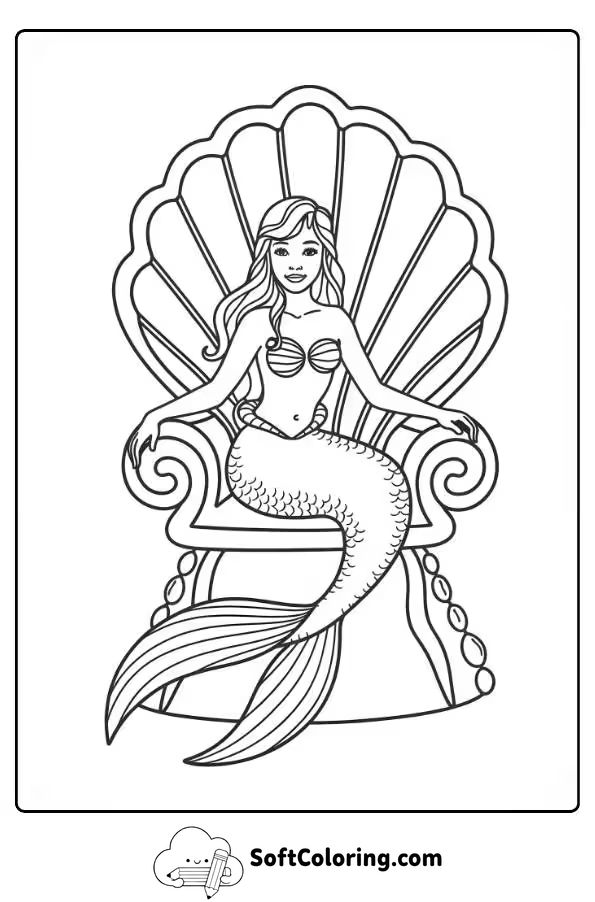 Mermaid Sitting in a Seashell Throne Coloring Sheet