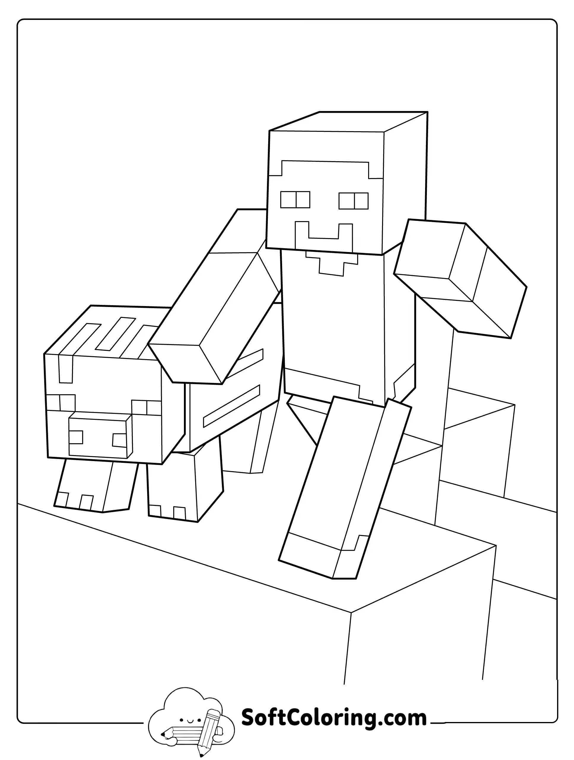 Minecraft Steve and Pig on the Block Path