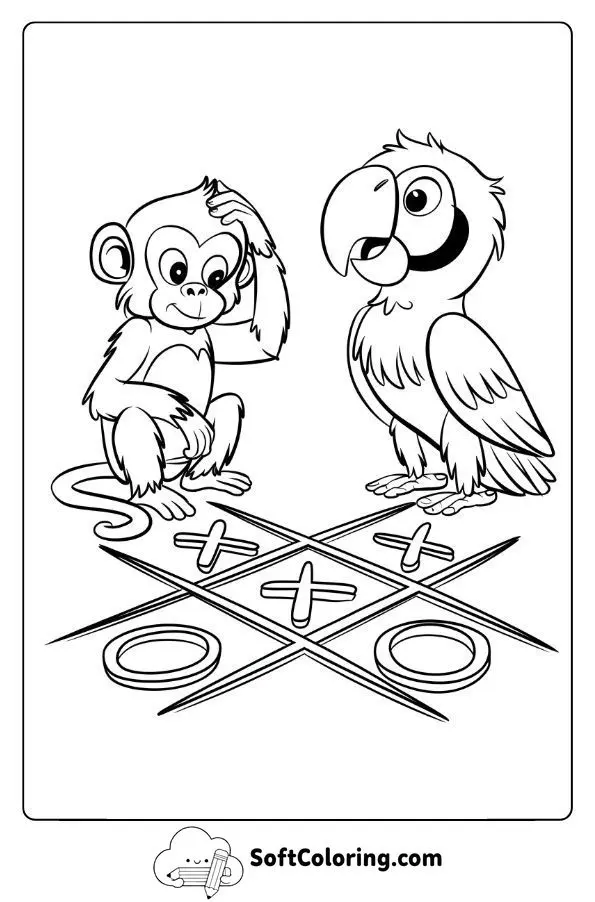 Monkey Playing Tic-Tac-Toe With A Parrot