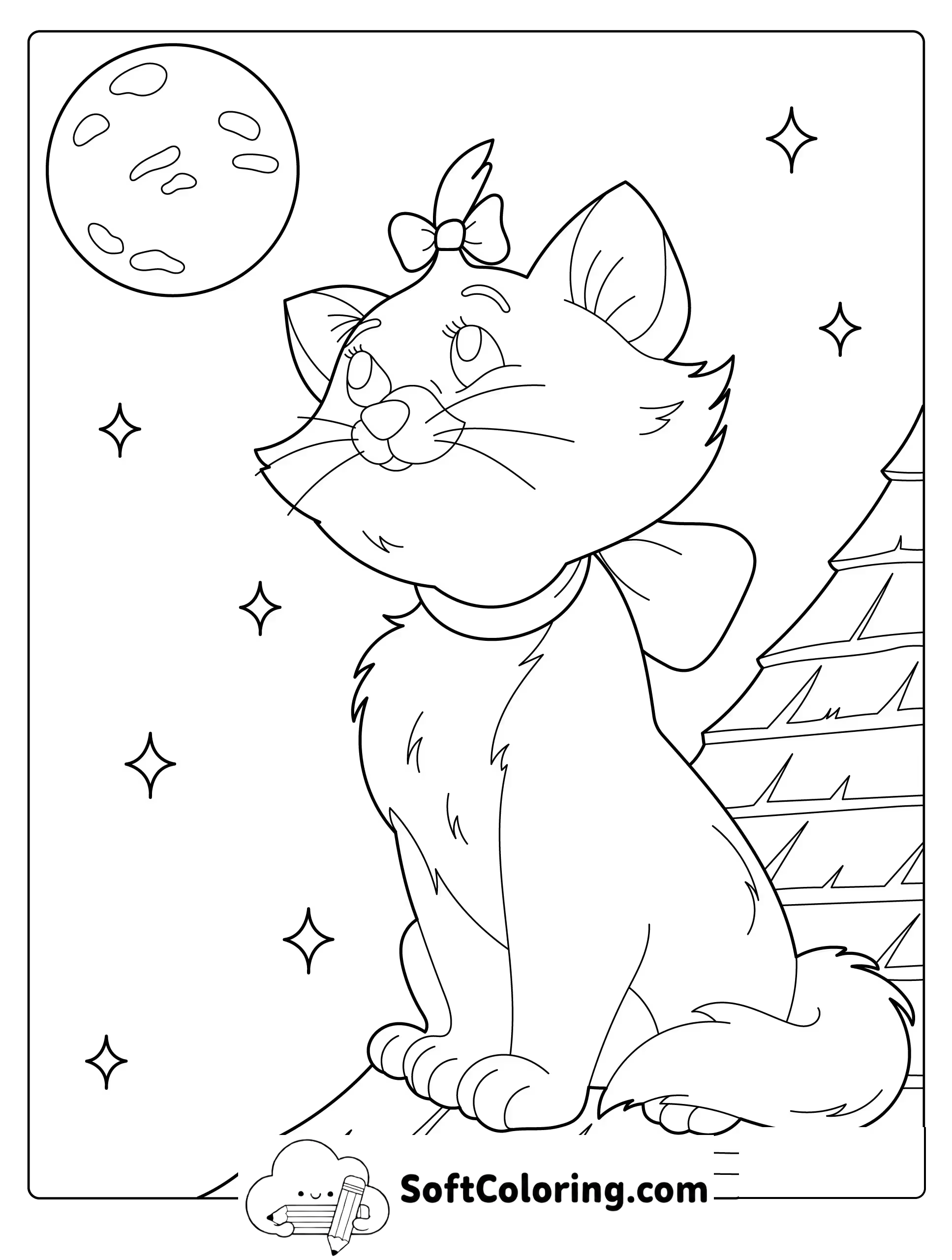 Moonlit Rooftop Kitten Coloring Page