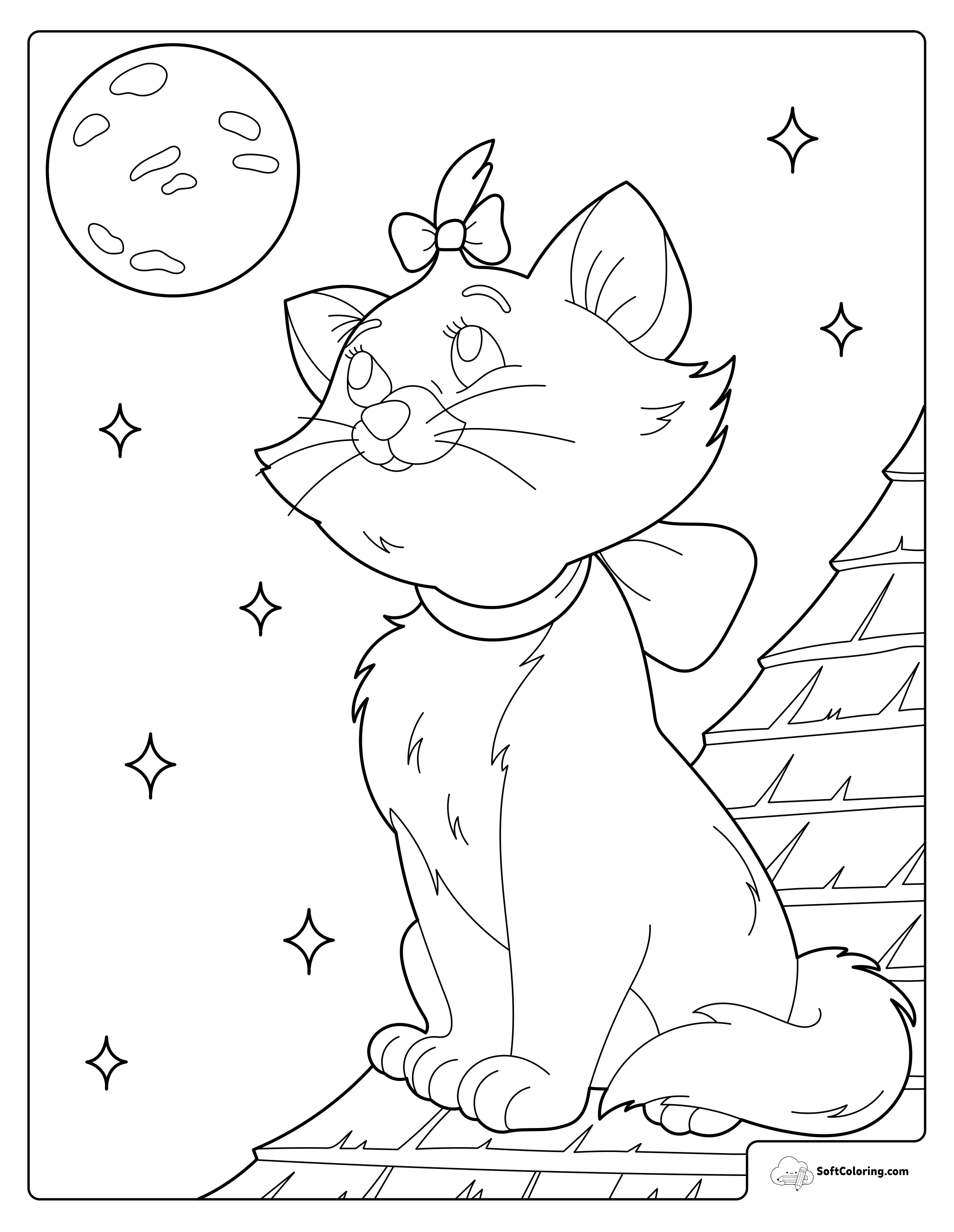 Moonlit Rooftop Kitten Coloring Page