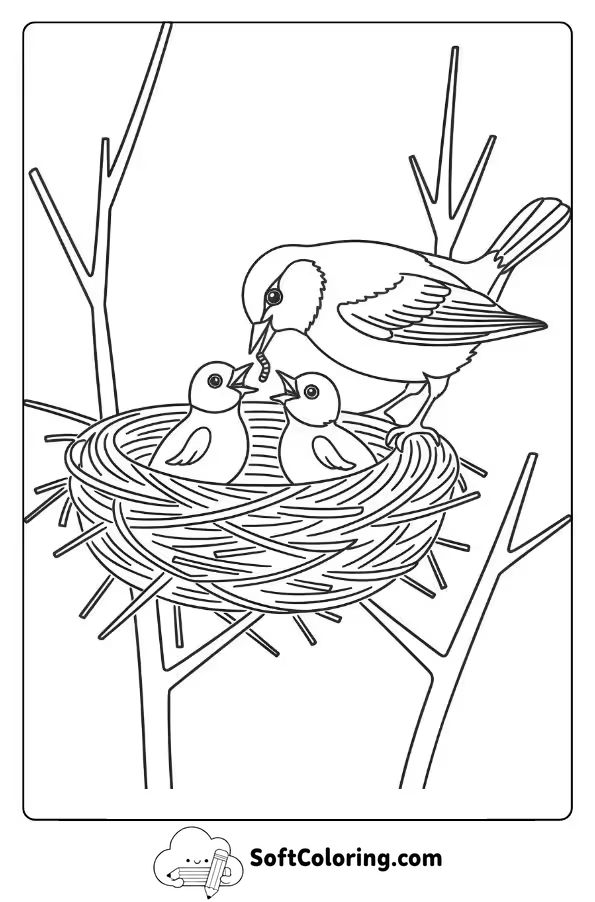 Mother Bird Feeding Chicks in a Nest