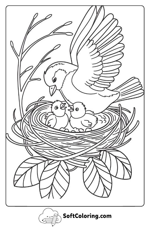 Mother Bird Protecting Her Chicks