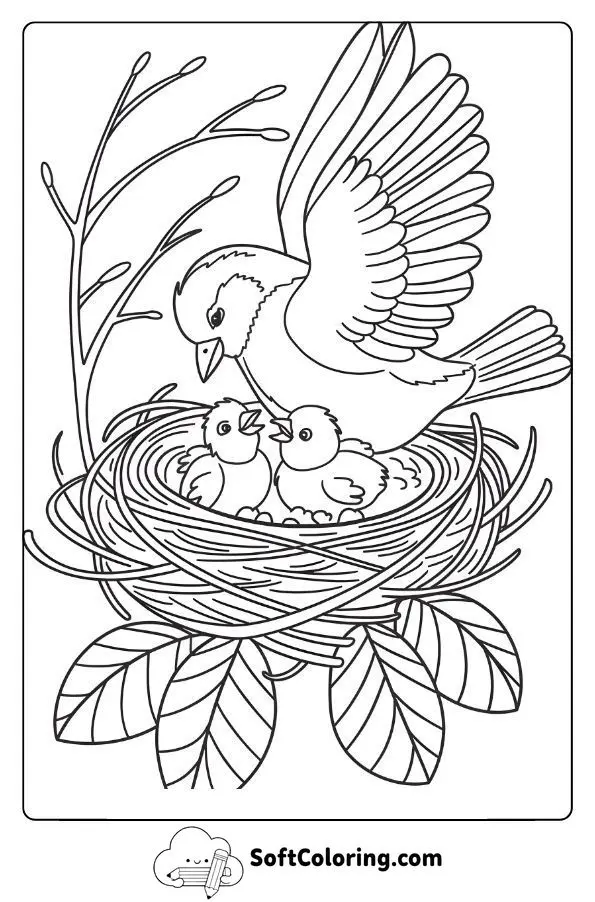 Mother Bird Protecting Her Chicks