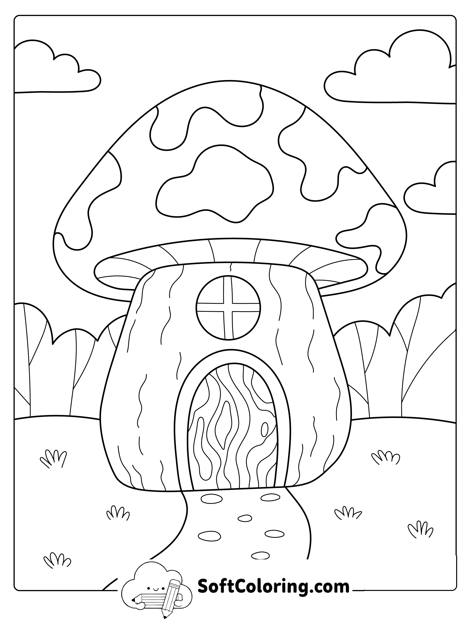Mushroom House in the Forest Coloring Page