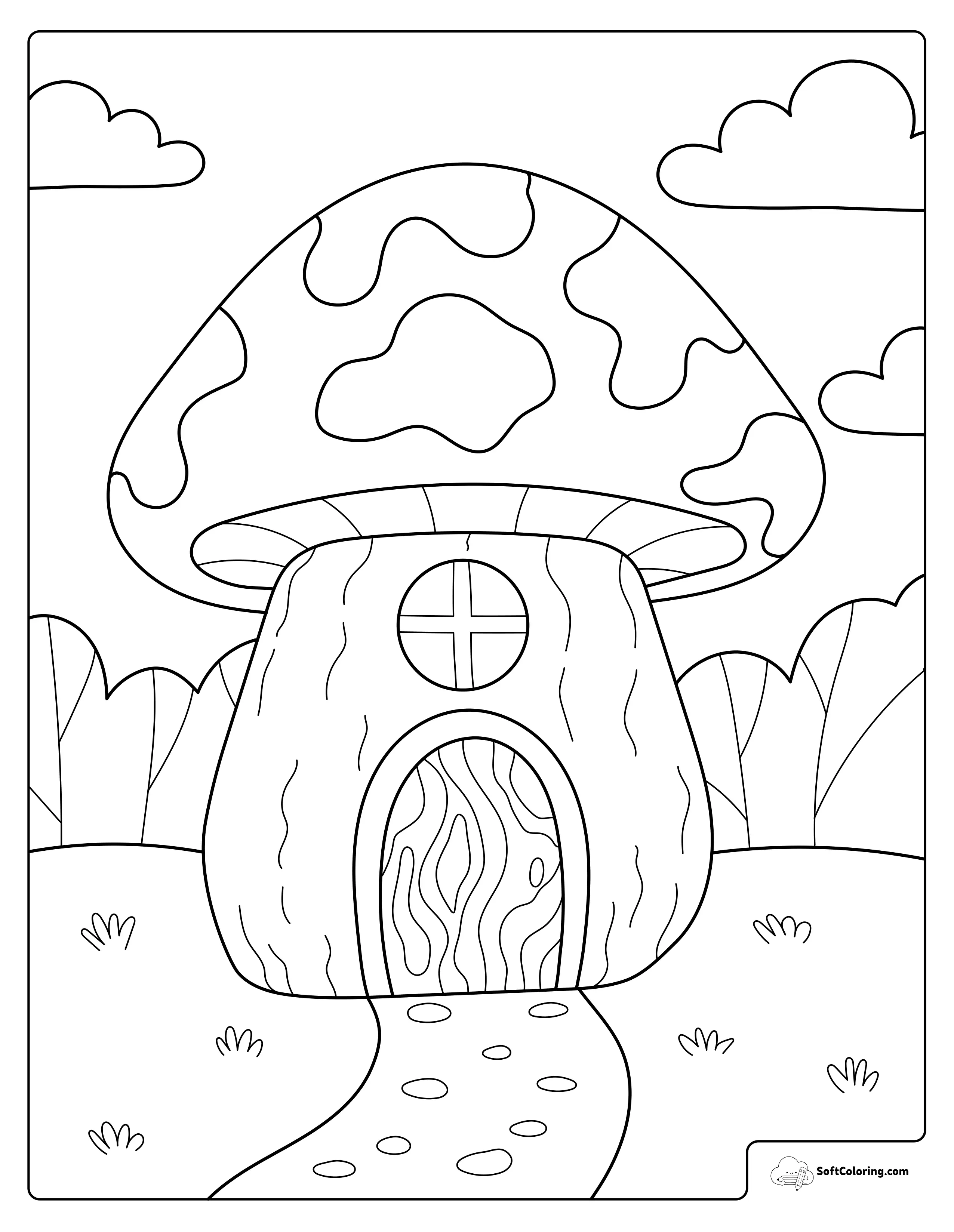 Mushroom House In The Forest Coloring Page