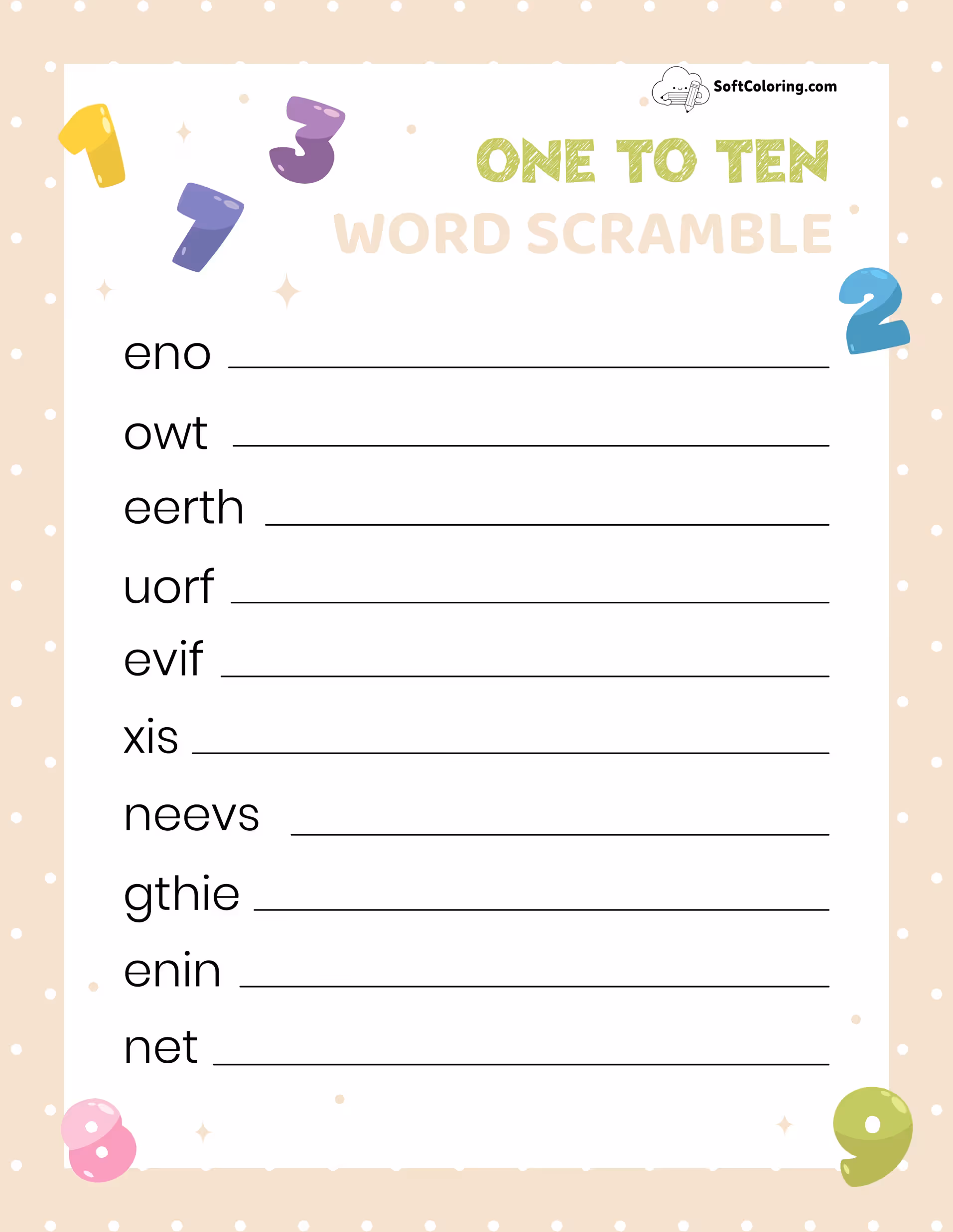 One to Ten Word Scramble