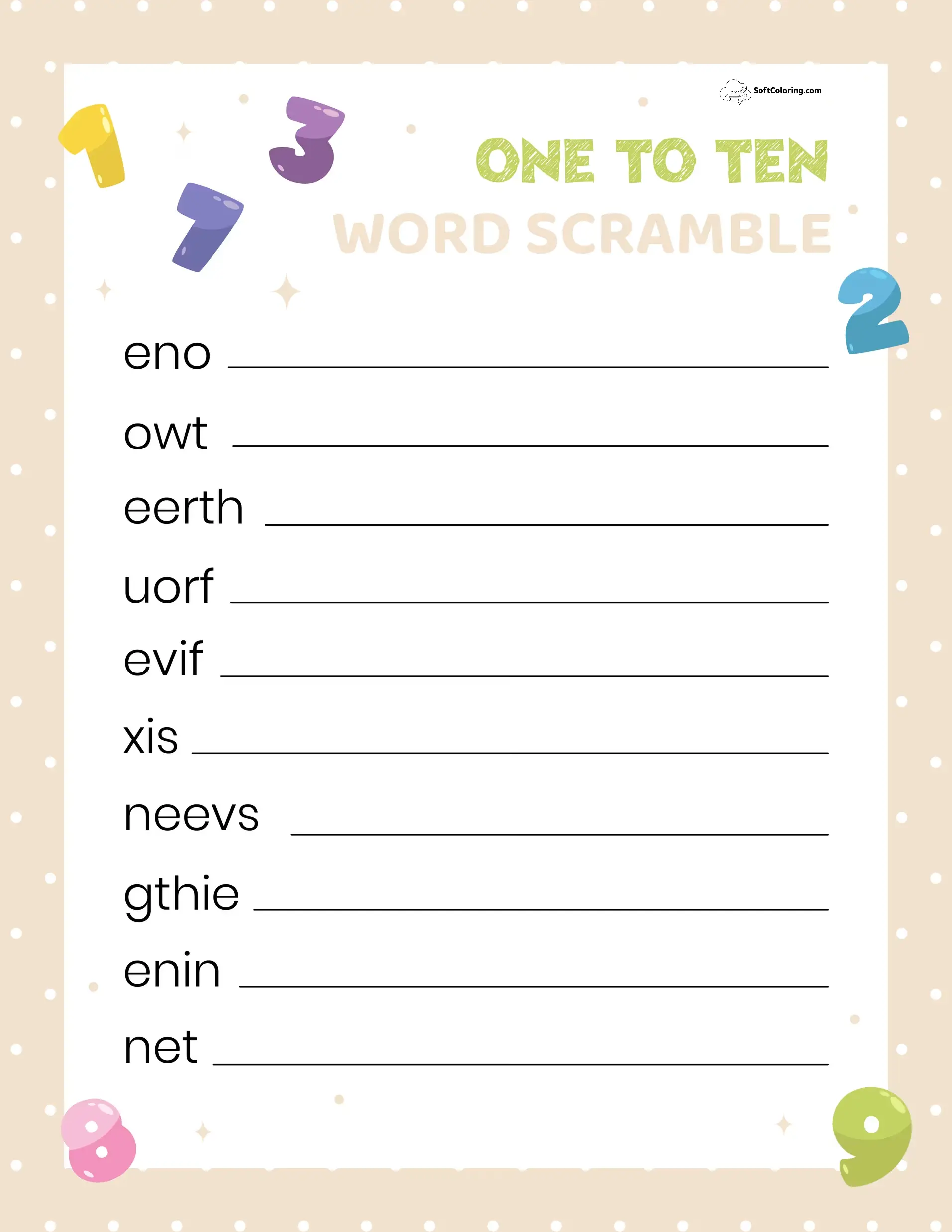 One To Ten Word Scramble