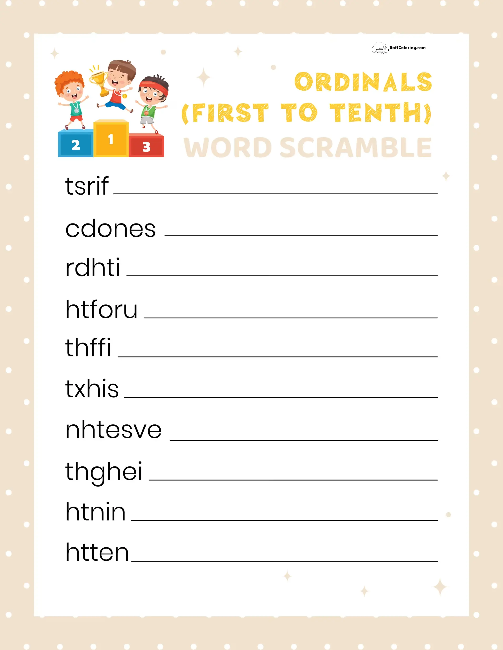 Ordinals (First To Tenth) Word Scramble