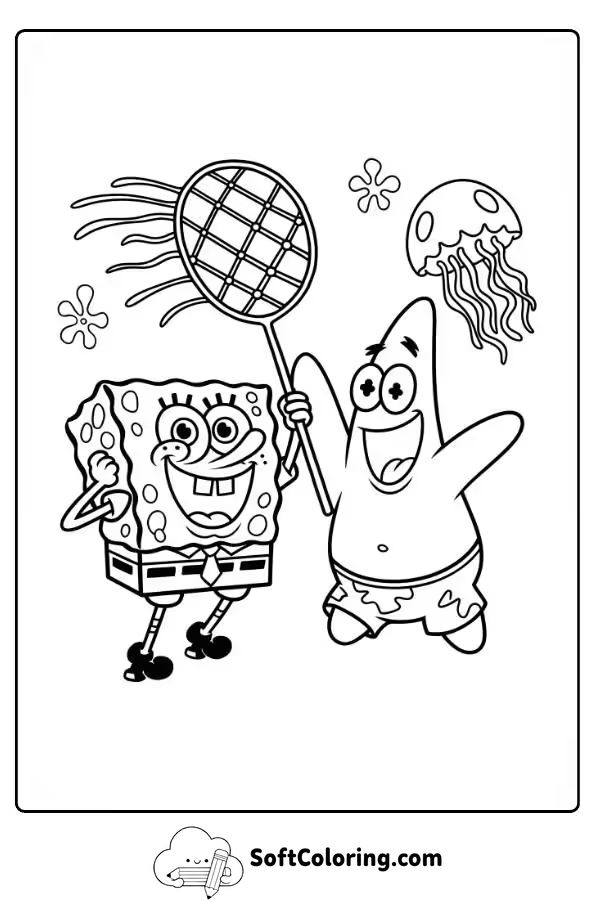 Patrick And SpongeBob Jellyfish Hunting Coloring Page