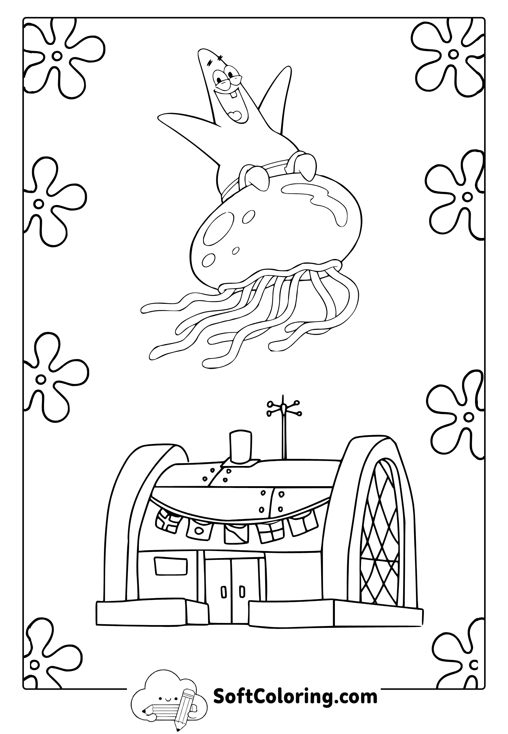 Patrick The Starfish and Krusty Krab Restaurant Coloring Page