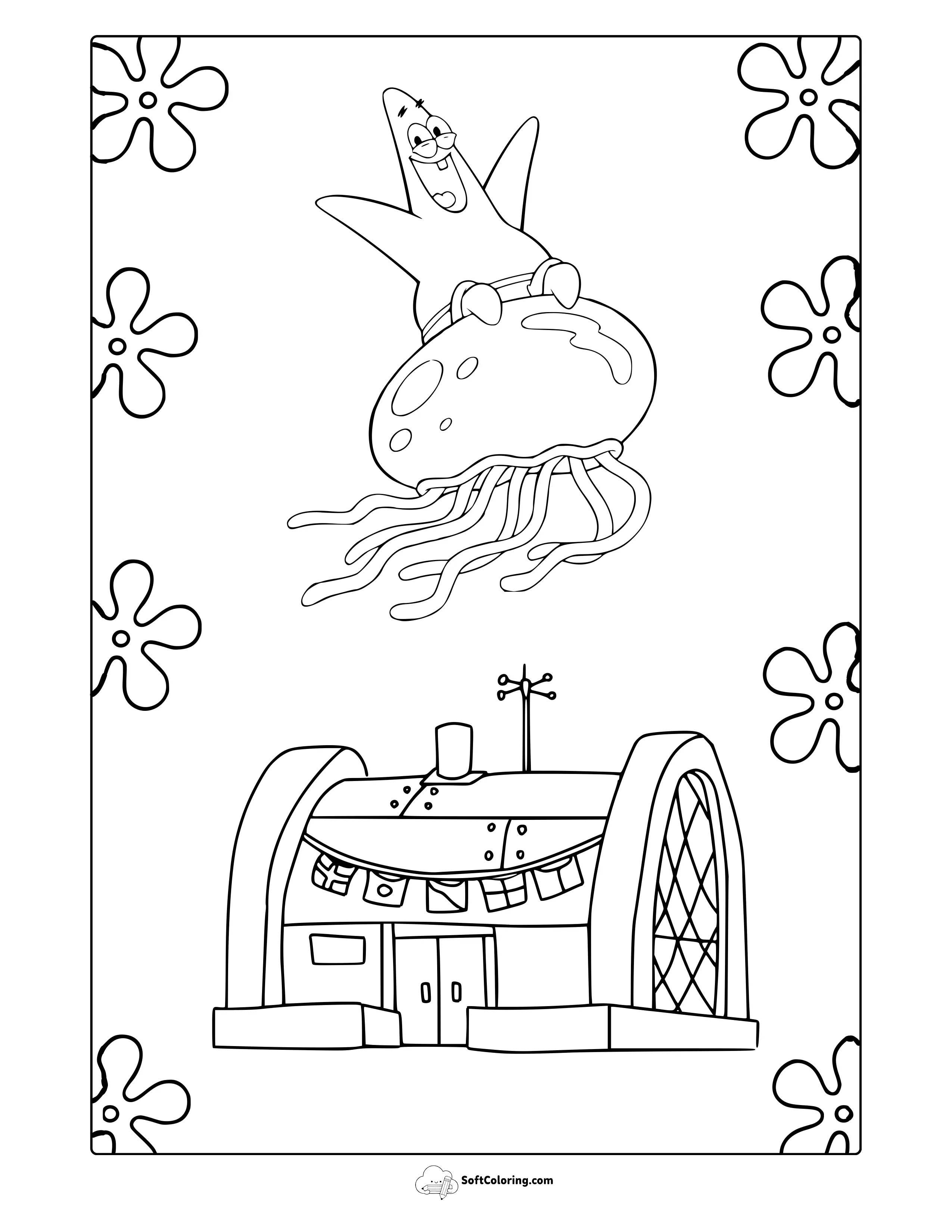 Patrick The Starfish And Krusty Krab Restaurant Coloring Page
