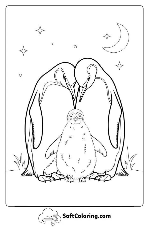 Penguin Family Under The Night Sky