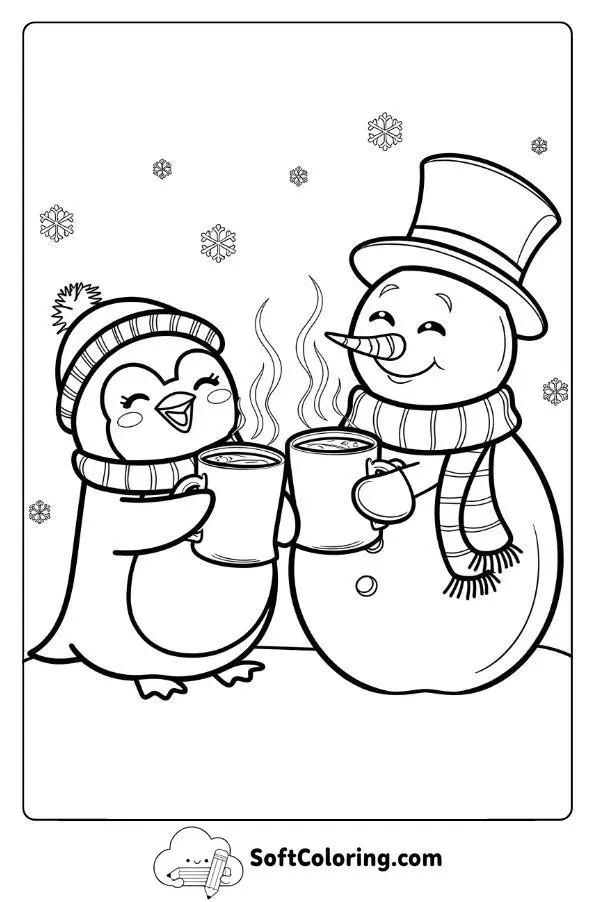 Penguin And Snowman Drinking Cocoa