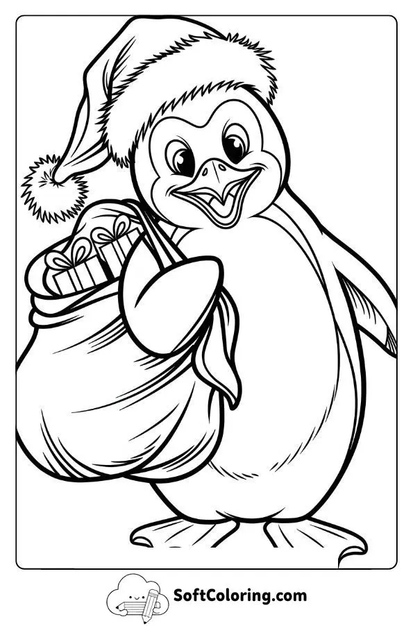 Penguin With Santa Hat And Gift Bag