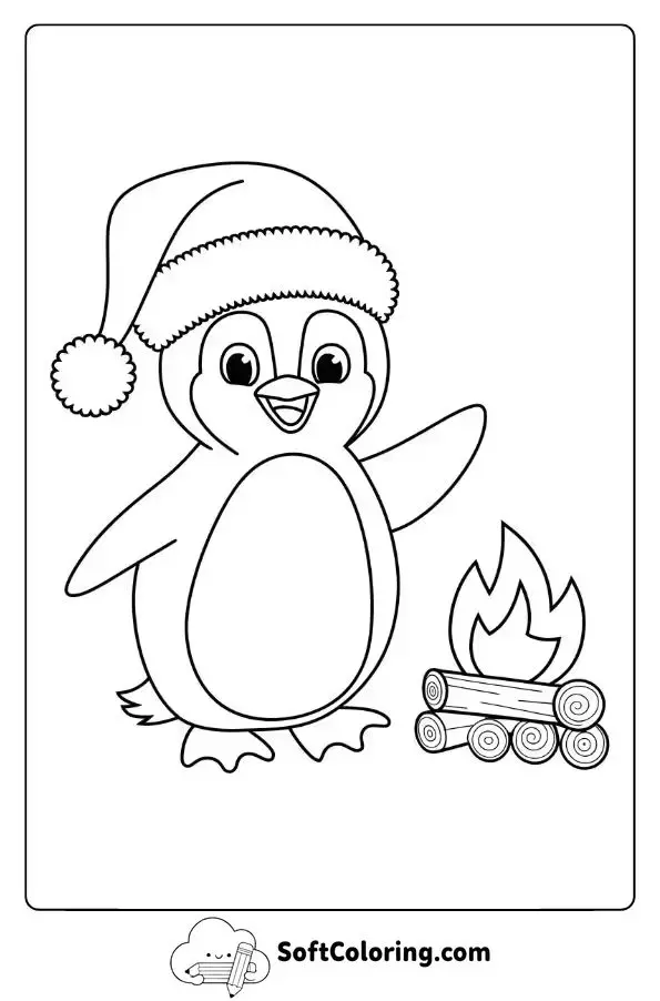 Penguin With A Santa Hat By The Fireplace